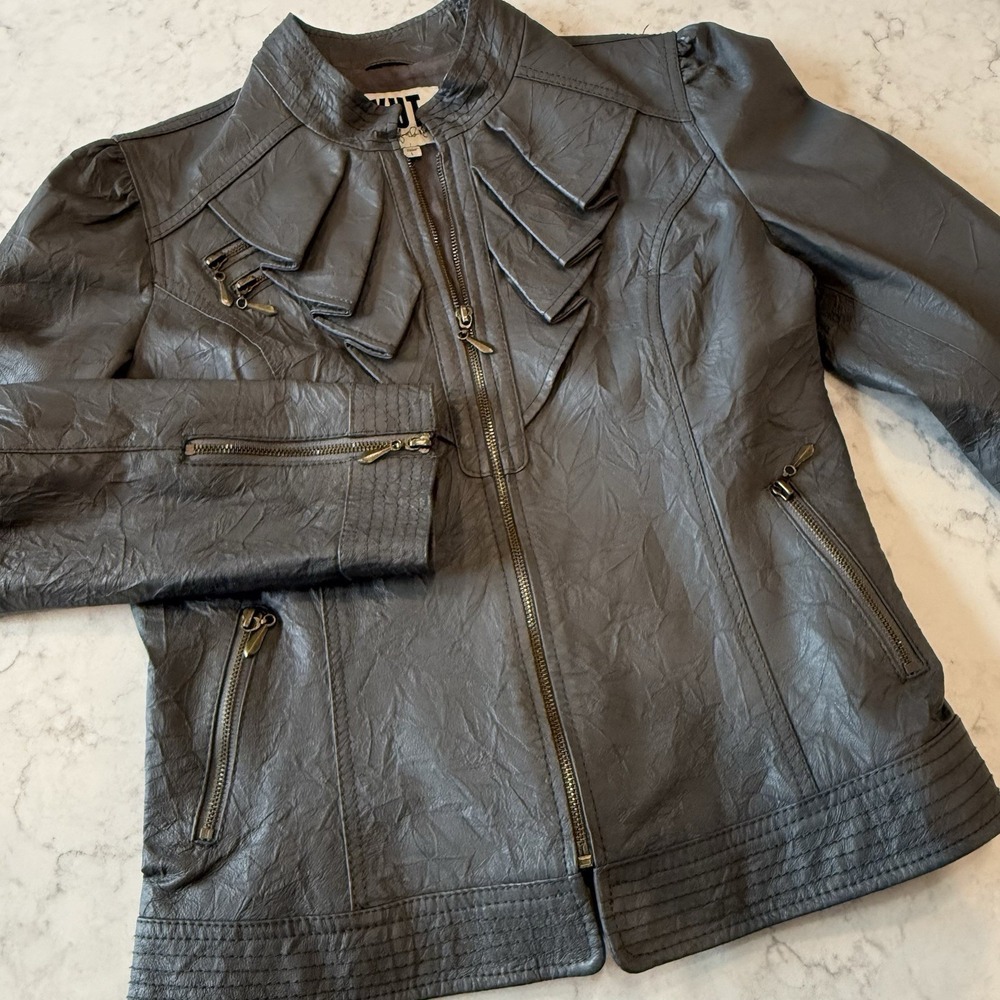 Kut from the Kloth Women's Ohara Jacket Gray Dawn Leather Ruffle Large